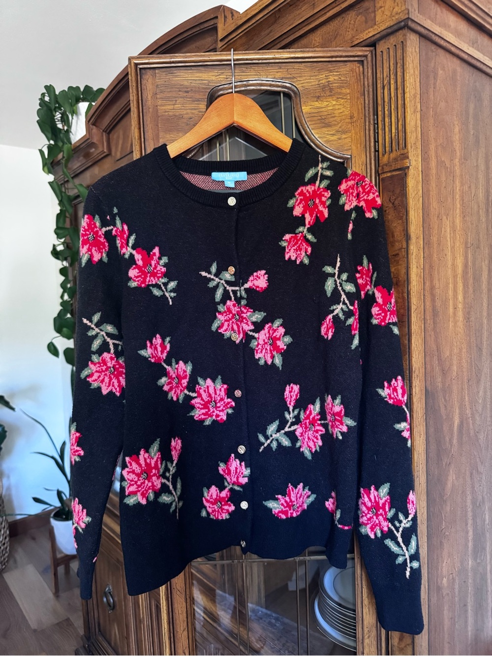 Draper James Black Cardigan with Pink Floral Knit